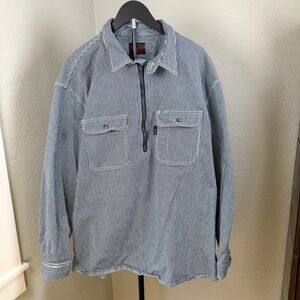 Five Brother Stripe Quarter Zip Work Shirt Blue White Cotton Heavyweight 3X Tall